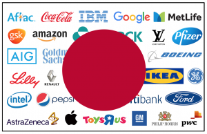 Red circle on top of different  non-Japanese company brand names such as Aflac, Coca-Cola, IKEA, etc. 