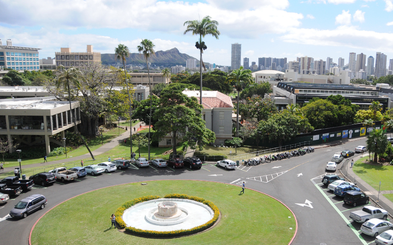 Aerial photo of UH Manoa campus with Diamond Head in background
