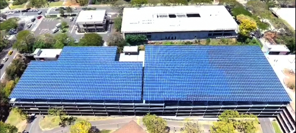 Aerial of PV canopy on lower campus parking structure