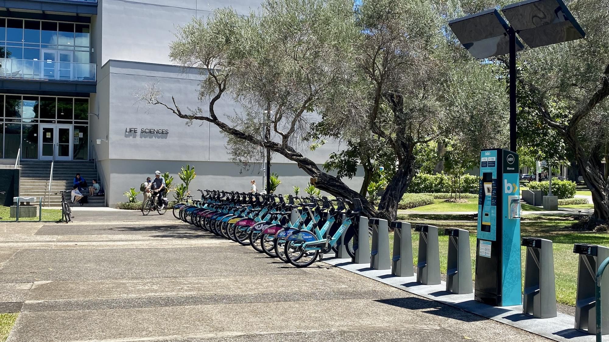 Biki bikes at stop between Hamilton Library and Life Sciences Bldg.