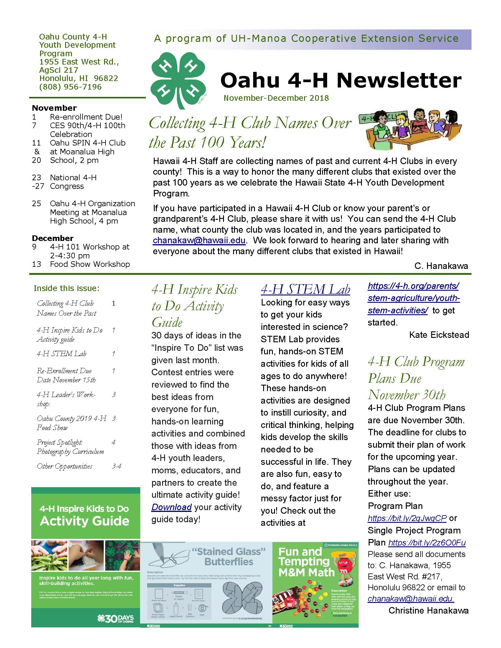 Oahu 4-H November 2018 Newsletter – Hawaii State 4-H Program