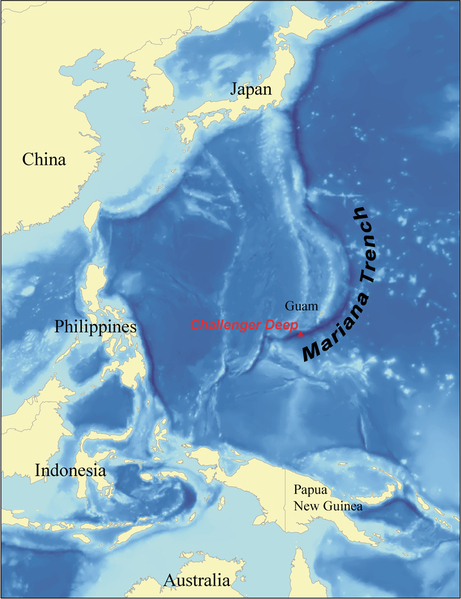 <p><strong>Fig. 9.20.</strong> Challenger Deep is a location at the bottom of Mariana Trench in the western Pacific ocean basin. It is the deepest point of the world ocean at 10,994 meters.</p>