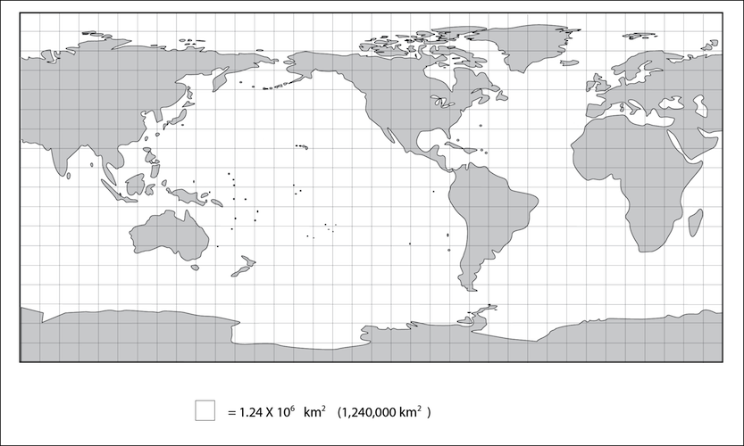 <p><strong>Fig. 1.8.2.</strong> Cylindrical-projection map with superimposed grid. One square at the equator represents a surface area of about 1,240,000 square kilometers. On this map land is grey even if it is covered by ice. This map does not show sea ice.</p>