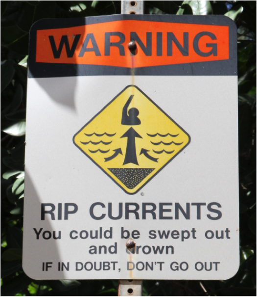 <p><strong>Fig. 5.21.</strong> (<strong>B</strong>) A sign at Ha‘ena Beach Park, Kaua‘i, Hawai‘I, warns swimmers that rip currents can sweep swimmers out to sea.</p>