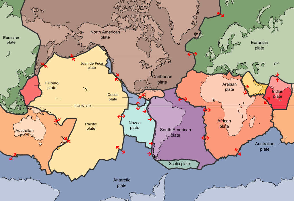 <p><strong>Fig. 7.14.</strong> This map of the world shows the earth’s major tectonic plates. Arrows indicate the direction of plate movement. This map only shows the 15 largest tectonic plates.</p>