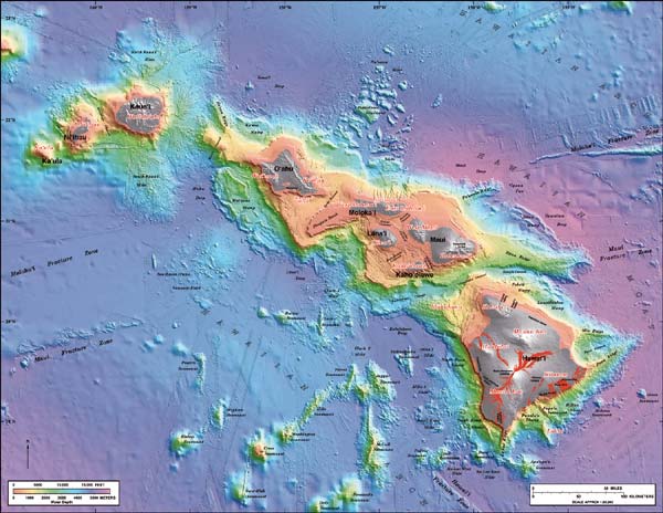 <p><strong>Fig. 7.53.</strong> This is a sea floor map made of the Southernmost Hawaiian Island chain by University of Hawai‘i researchers using sonar. It depicts the underwater volcanoes and other features of the sea floor.</p>
