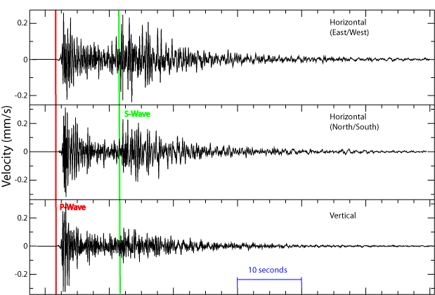 <p><strong>SF Fig. 7.3.</strong> A seismogram shows the data from a seismograph. Wave velocity is measured on the y axis, and time in seconds is measured on the x axis. P waves are recorded earlier than S waves, because they travel at a higher velocity.</p>