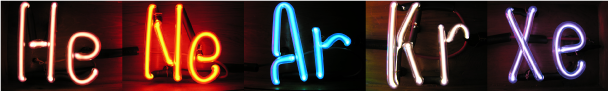 <p><strong>Fig 2.16.</strong> “Neon” signs are composed of different noble gases, only one of which is the element neon. Nobel gases light up with different colors when electricity is passed through them.</p><br />
