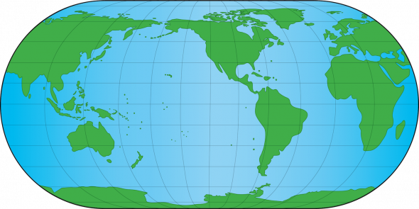 <p><strong>Fig. 1.4.</strong> Pseudocylindrical map projection of the earth. On this map land is green even if it is covered by ice. This map does not show sea ice.</p>