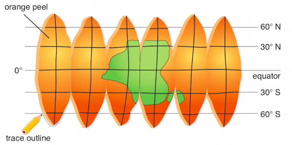 <p><strong>Fig. 1.28.</strong> An equal-area map made from orange peel segments</p>
