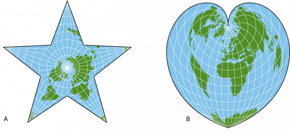 <p><strong>SF Fig. 1.8.</strong> Examples of different map projections (<strong>A</strong>) Classic Berghaus Map (<strong>B</strong>) Stabius-Werner projection</p><br />
