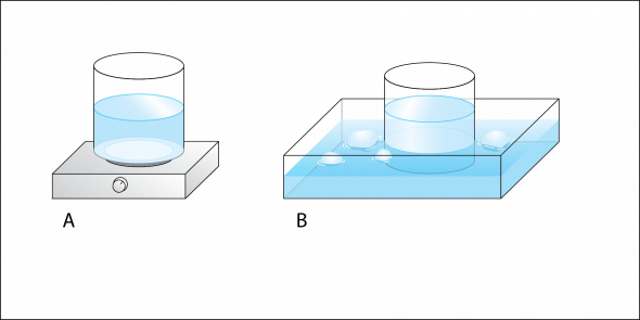 <p><strong>Fig. 2.4</strong>. (<strong>A</strong>) Place a beaker of water on a hot plate to create hot water.(<strong>B</strong>) Place water and ice cubes in a tray to create an ice bath. Place a beaker of water in the ice bath to create cold water.</p>