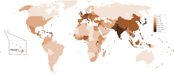<p><strong>SF Fig. 2.1.1.</strong> A world map showing human population density in 2011. Darker colors indicate countries with a higher population density. Numbers on the legend indicate number of people per square kilometer (km2). All countries smaller than 20,000 km2 are represented by a dot.</p>