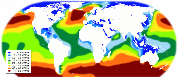 <p><strong>SF Fig. 4.12.</strong> World map of potential wave energy measured in kilowatts per meter of wave crest</p>
