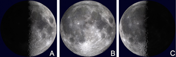 <p><strong>Fig. 6.4.</strong> Moon phases (<strong>A</strong>) First quarter moon, (<strong>B</strong>) Full moon, (<strong>C</strong>) Third quarter moon</p>
