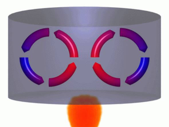 <p><strong>Fig. 7.16.</strong> In this diagram of convection currents in a beaker of liquid, the red arrows represent liquid that is heated by the flame and rises to the surface. At the surface, the liquid cools, and sinks back down (blue arrows).</p>