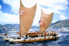<p><strong>Fig. 3.1.</strong> <em>Hōkūleʻa</em>, a wind-powered traditional Hawaiian voyaging canoe, returns to Honolulu, Hawai‘i from Tahiti on its 1975 inaugural voyage.</p>
