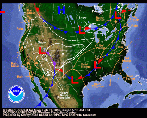<p><strong>Fig. 3.2.</strong> This weather map illustrates high pressure (H) and low pressure (L) weather systems across North America.</p>
