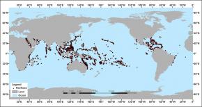 <p><strong>Fig. 3.30.</strong> Water temperature affects the distribution of coral reefs worldwide. The dots on the map indicate areas where coral reefs are found.</p>
