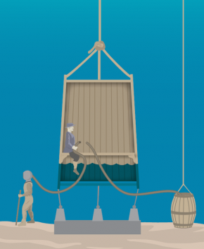 <p><strong>Fig. 9.21.</strong> An air-filled wooden container called a diving bell permitted divers to work under water.</p>
