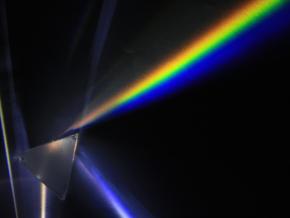 <p><strong>Fig. 9.3.</strong> (<strong>B</strong>) White light passes through a prism and is refracted.</p>