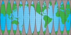 <p><strong>Fig. 1.6. </strong>Equal-area map with superimposed grid. One square at the equator represents a surface area of about 1,240,000 square kilometers. On this map land is green even if it is covered by ice. This map does not show sea ice.</p>
