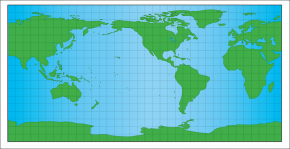 <p><strong>Fig. 1.7.</strong> Cylindrical-projection map with superimposed grid. One square at the equator represents a surface area of about 1,240,000 square kilometers. On this map land is green even if it is covered by ice. This map does not show sea ice.</p>
