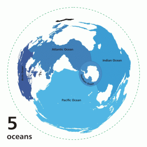 <p><strong>SF Fig. 1.1.</strong> Although there is one world ocean, there are disagreements over the number of ocean basins. This series of maps shows the world ocean divided into one, three, four, and five ocean basins. Note that the maps have been distorted to show more of the world than a typical view from the South Pole. <em>Click on the image for animation!</em></p>
