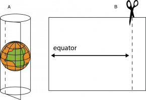 <p><strong>Fig. 1.25</strong>. (<strong>A</strong>) Roll a sheet of blank paper around the orange globe, the paper should touch the orange at the orange&rsquo;s equator. (<strong>B</strong>) Cut off excess paper after determining the width of paper for a cylindrical-projection map.</p>
