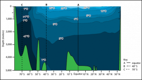 <p><strong>Fig. 2.10.</strong> Idealized vertical temperature profile of the Pacific ocean basin showing water in blue and seafloor features in green. The highest, or warmest, water temperatures are shown in light blue. The lowest, or coldest, water temperatures are shown in dark blue.</p>
