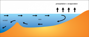 <p><strong>Fig 2.21.</strong> (<strong>A</strong>) Thermohaline circulation in the Mediterranean Sea is driven by high rates of evaporation. Salty dense water sinks and less dense water from the Atlantic ocean basin flows into the sea.</p>
