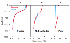<p><strong>SF Fig. 2.5.</strong> Idealized vertical temperature ocean profiles in July and January (A) near the equator, (B) at approximately 45&ordm; N or S latitude, and (C) near the poles.</p>
