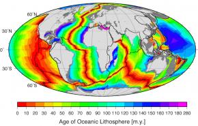 <p><strong>Fig. 7.58.</strong> The age of oceanic crust in millions of years. The youngest crust (shown in red) is near mid ocean ridges and spreading zones.</p>
