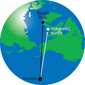 <p><strong>Fig. 8.11.</strong> (<strong>B</strong>) In Honolulu, Hawai‘i, the magnetic declination is 9° 46’ East.</p>
