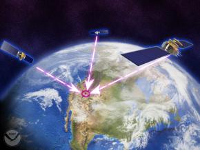 <p><strong>Fig. 8.25. </strong>Three satellites are needed for a GPS receiver to determine the latitude and longitude of a location.</p>
