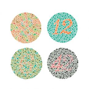 <p><strong>SF. Fig. 1.7.</strong>&nbsp; Images from the Ishihara color perception test. People with normal color vision will see numbers in each circle. The numbers are, clockwise from top left, 2, 12, 42, and 6.</p>

