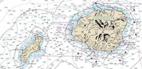<p><strong>Fig. 2.16. </strong>(<strong>B</strong>) A nautical chart of the islands of Ni‘ihau and Kaua‘i. Nautical charts are a type of map showing water depths and other information used for navigation.</p>
