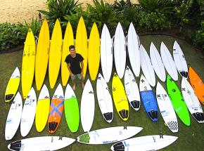 <p><strong>SF Fig. 4.2.</strong>&nbsp;(<strong>A</strong>) The quiver of a professional surfer, Evan Valiere. He models his quiver of high-performance short boards (from 5’10" tall) and longer boards (up to 10’5”). The longer ones, also known as “guns”, are made for catching large, outer reef waves (such as those that break at Waiamea Bay on Oahu, Hawaii). Notice also the variety of tail shapes, from blunt “squash”, to rounded pin, to v-shaped “fish” tails.</p>