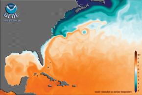 <p><strong>SF Fig. 3.4.</strong> Gulf Stream sea surface temperature in the western Atlantic ocean basin as viewed in a computer simulation model. Warmer water is shown in red and orange tones.</p>
