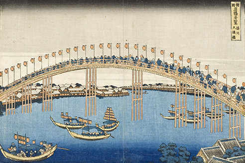Temma Bridge, Settsu Province by Katsushika Hokusai with link to image source