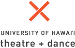 Red spike mark in shape of letter x and the words University of Hawaii Theatre + Dance