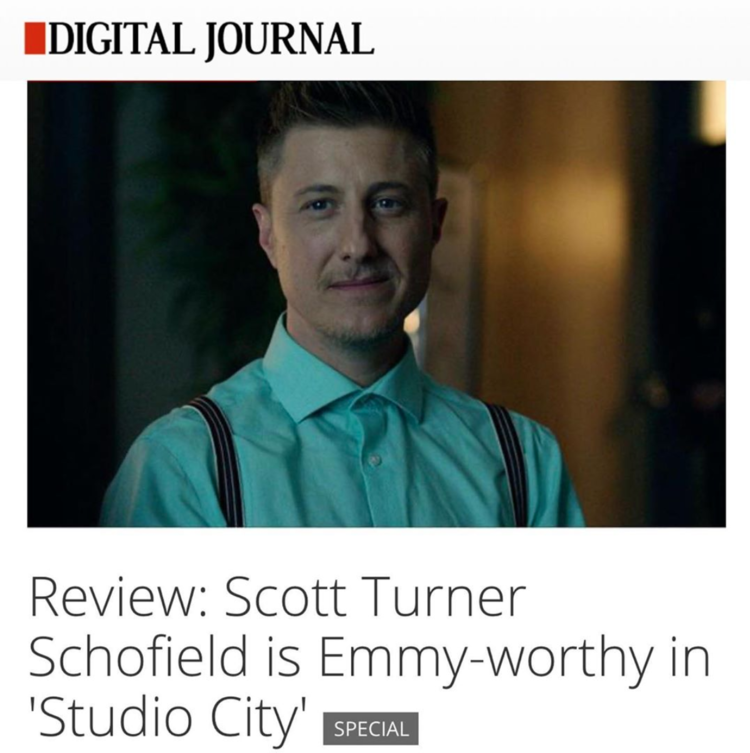 Text: Digital Journal: Review: Scott Turner Schofield is Emmy-worthy in 'Studio City'. Special. Image is photo of youngish man with lips pressed together looking past the camera. Button up shirt and suspenders.