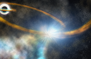 After passing too close to a supermassive black hole, the star in this artist's conception is torn apart into a thin stream of gas, which is then pull