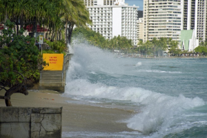 Waves crash on Waikiki, Oahu shoreline during a high tide. HI Sea Grant King Tides Project