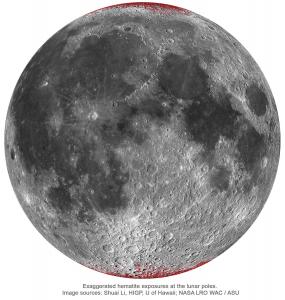 Enhanced map of hematite (red) on Moon using a spheric projection (nearside only). Credit: Shuai Li