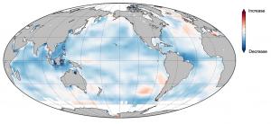Declining ocean memory (blue) between now and end of the 21st century. Credit: Shi, et al (2022)