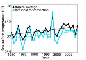 Average observed tropical (black) and estimated SST (blue) rose together in the last 30 years.