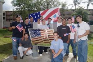 Honolulu Community College sheet metal students by the custom made 9/11 memorial. 
