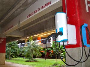 One of the EV charging stations at UH Manoa’s Lower Campus Parking Structure. 