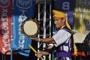 Brent Arakaki of the Young Okinawans of Hawai'i demonstrates traditional forms of Eisa drumming.